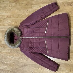 Celebrity Pink Puffer Jacket Coat Faux Fur Trim Hood Port Juniors XL Maroon